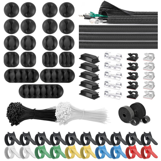 265 Pcs Cable Management Organizer Kit, 4 Cable Management Sleeves, 39 Adhesive Cable Clips, 200 Cable Zip Ties, 20 pcs and 2 Roll Self Velcro Cable Ties, for TV Home Office Cord Holder for Desk etc