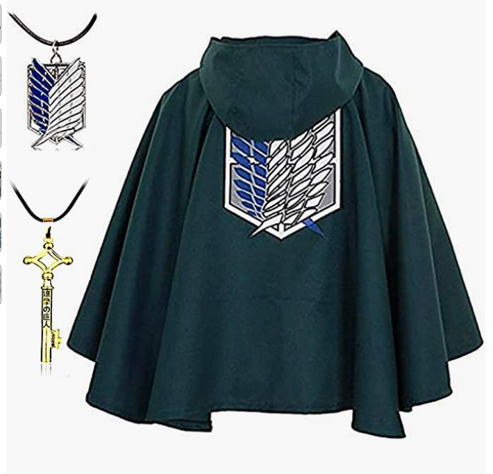 Halloween Costume for Kids Anime Green Survey Corps Cloak Cape Cosplay with Wings of Liberty Necklaces and Eren Key Necklace