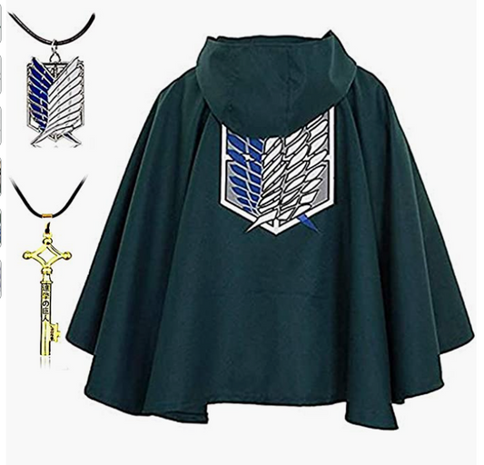 Halloween Costume for Kids Anime Green Survey Corps Cloak Cape Cosplay with Wings of Liberty Necklaces and Eren Key Necklace