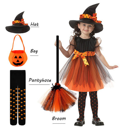 Halloween Costume for Kids Children Girls Halloween Cosplay Witch Costume Teens Baby Girl Gown Witch Dress Clothing Set Hat Pumpkin Bag Pantyhose