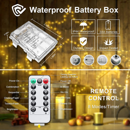 2 Pack 20M 200 LED Fairy Lights Battery Operated Ramadan Decoration Lights with Remote Waterproof 8 Modes Firefly Twinkle String Lights for Diwali Christmas Valentine's Day Gift Decoration Warm White