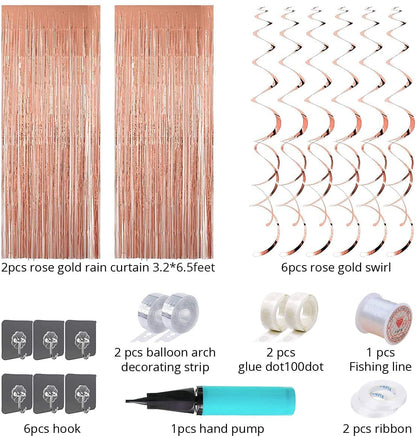 Tiokkss 144 Pcs Birthday Party Decorations/Balloon Arch kit with Rose Gold Balloons /Birthday Banner/6.6 Ft Metallic Foil Curtains/Hanging Swirl And Balloon Garland Kit Accessories for Party Decorations