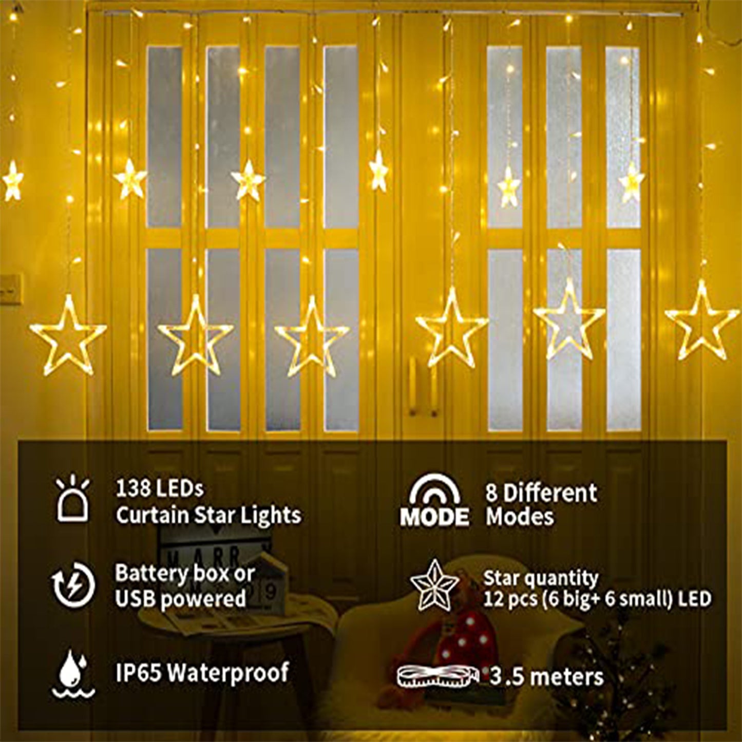 12 Stars 138 LED Star Lights, Curtain String Lights for Bedroom with 8 Lighting Modes,Waterproof Window Lights Diwali Ramadan Decorations, Wedding, Garden Christmas Decorations Lights - Warm White