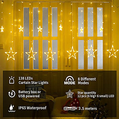 12 Stars 138 LED Star Lights, Curtain String Lights for Bedroom with 8 Lighting Modes,Waterproof Window Lights Diwali Ramadan Decorations, Wedding, Garden Christmas Decorations Lights - Warm White
