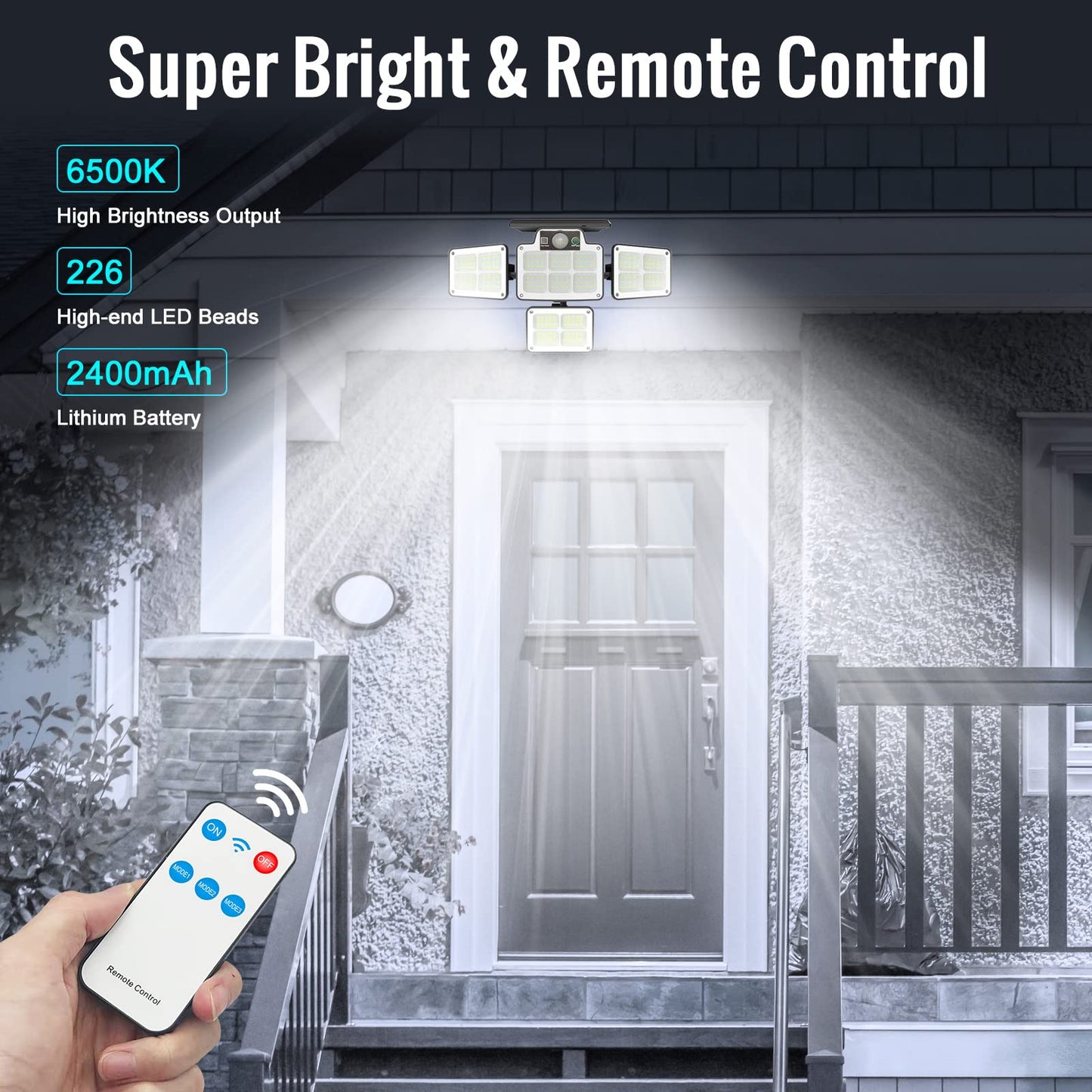 Solar Light Outdoor with Motion Sensor, Tiokkss Security Lights with Remote Control 4 Rotatable Heads 228 LEDs 7000K IP65 Waterproof Flood Lights for Garage Yard Garden (1Pack)