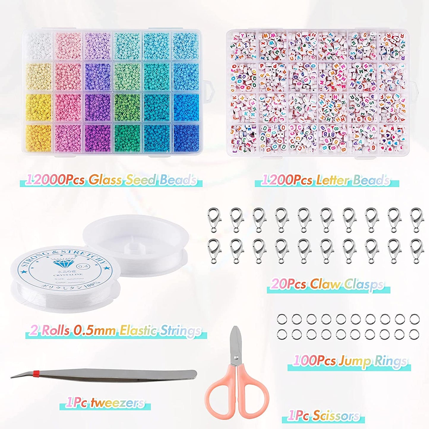 Tiokkss Beads for Jewelry Making, 12000 Pcs 3mm Glass Seed Beads with 1200 Pcs Alphabet Letter Beads for Jewelry Bracelets Making and Crafts with Accessories DIY Material