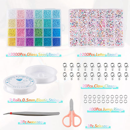 Tiokkss Beads for Jewelry Making, 12000 Pcs 3mm Glass Seed Beads with 1200 Pcs Alphabet Letter Beads for Jewelry Bracelets Making and Crafts with Accessories DIY Material
