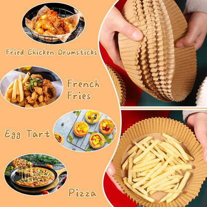 Air Fryer Disposable Paper Liner, 100Pcs Non-stick Disposable Air Fryer Liners with 100Pcs Disposable Gloves for Oil-proof Water-proof Air Fryer Accessories to Baking Roasting Microwave(16cm, Natural)