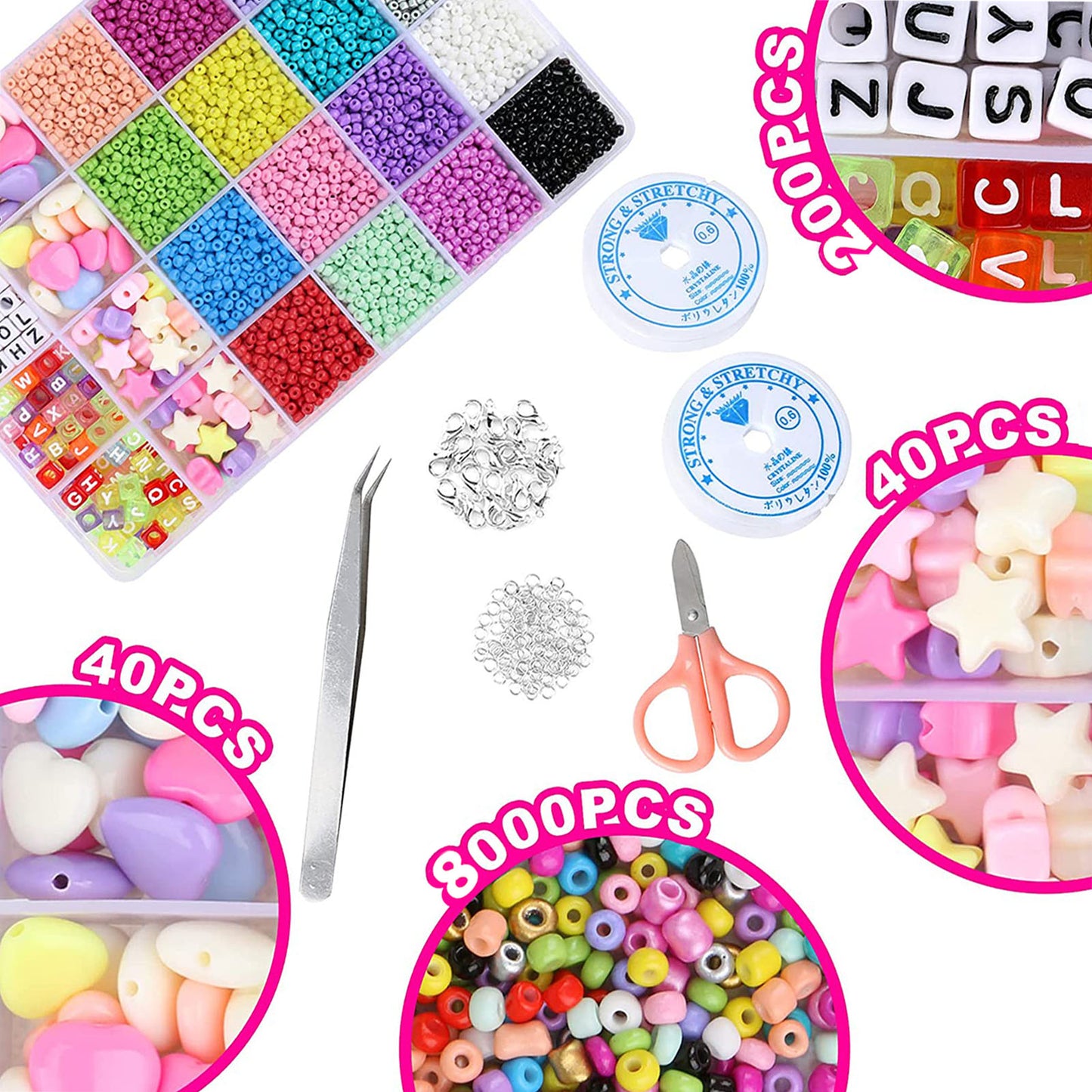 Tiokkss 8280pcs Bracelet Beads for Jewelry Making Kit, 16 Colors Bead Friendship Bracelets Kit with Alphabet Letter Beads Charm Beads and Elastic String for Bracelet and Jewelry Making