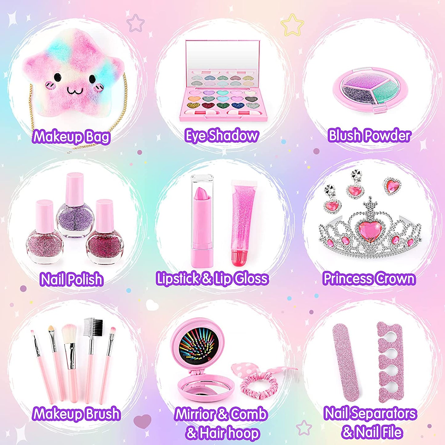 Tiokkss 21 Pcs Kids Makeup Kit for Girls, Princess Dress up Makeup Set with Cute Cosmetic Makeup Bag, Pretend Play Makeup Beauty Toys for Little Girls Birthday Gifts