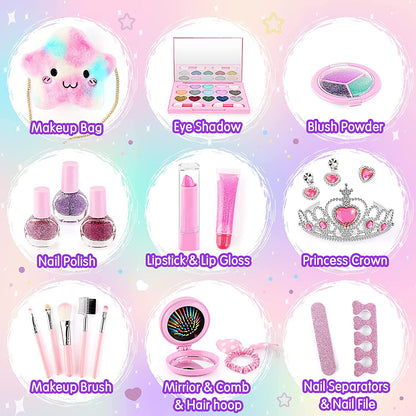 Tiokkss 21 Pcs Kids Makeup Kit for Girls, Princess Dress up Makeup Set with Cute Cosmetic Makeup Bag, Pretend Play Makeup Beauty Toys for Little Girls Birthday Gifts