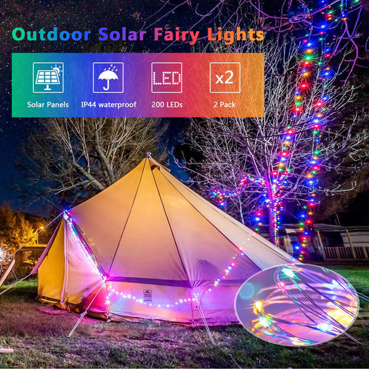 Extra-Long Solar String Lights Outdoor, 2-Pack Each 72FT 200 LED Solar Lights Outdoor, Waterproof 8 Modes Solar Fairy Lights for Diwali Ramadan Halloween Christmas Decoration Party Garden (Colorful)