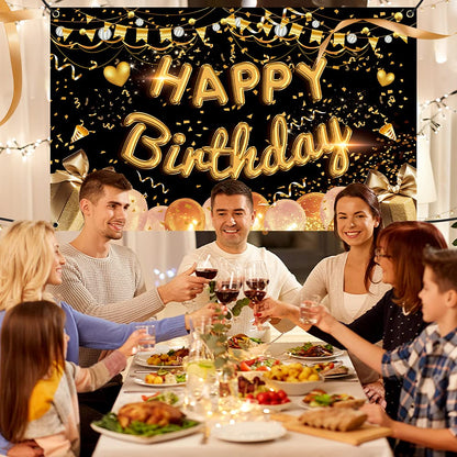 Tiokkss Happy Birthday Party Decorations Set, 100 Pcs Black and Gold Birthday Photography Backdrop Banner Package for Boys Girls Men Women Balloons Birthday Party Set (Black Gold)
