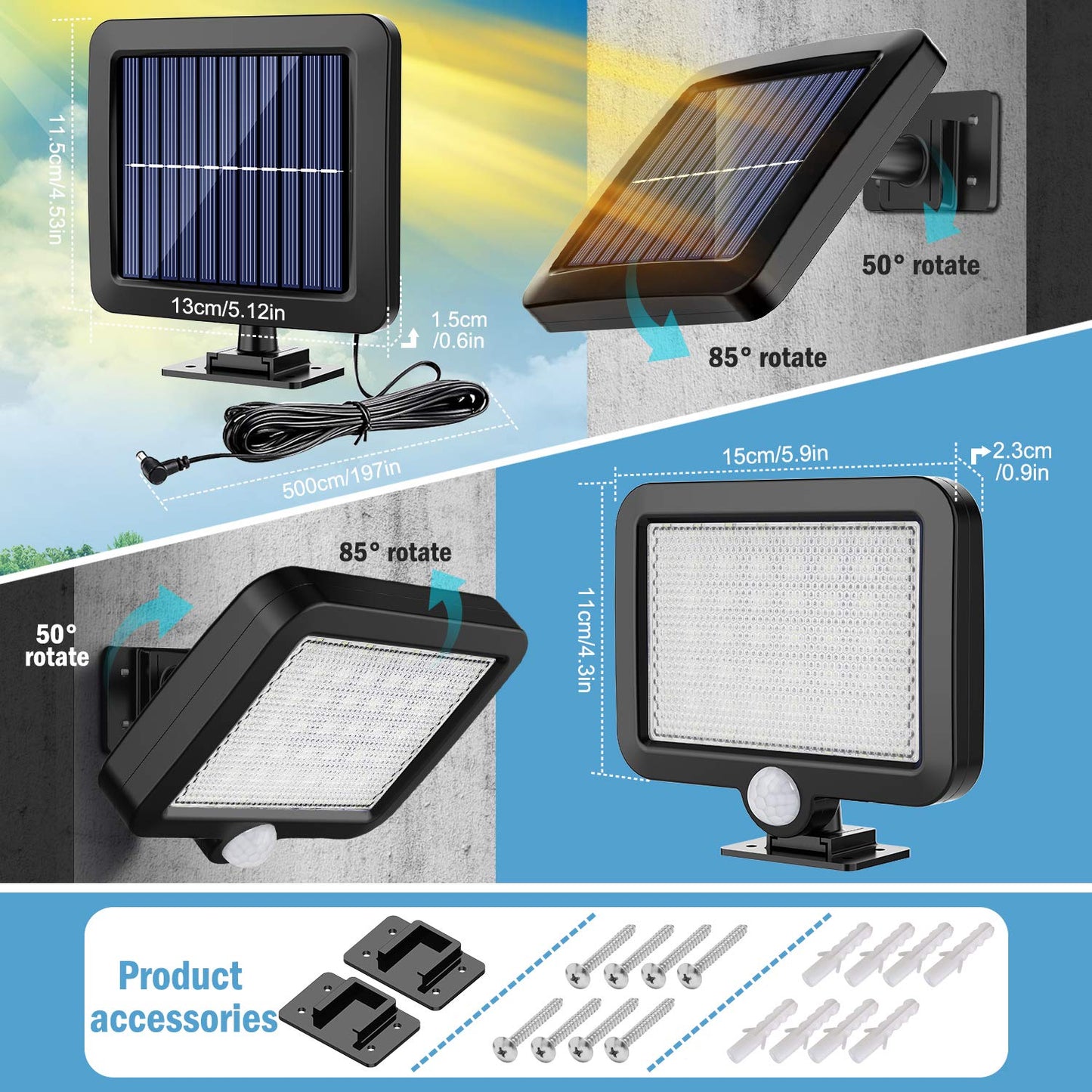 Tiokkss Solar Light Outdoor, 56 LED Solar Light Outside with Motion Detector, IP65 Waterproof, 120° Lighting Angle, Solar Wall Light for Garden with 16.5ft Cable(1 Pack)