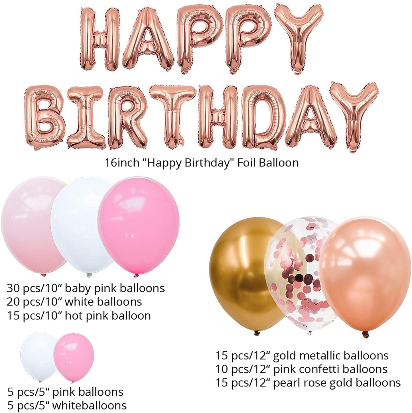 Tiokkss 144 Pcs Birthday Party Decorations/Balloon Arch kit with Rose Gold Balloons /Birthday Banner/6.6 Ft Metallic Foil Curtains/Hanging Swirl And Balloon Garland Kit Accessories for Party Decorations