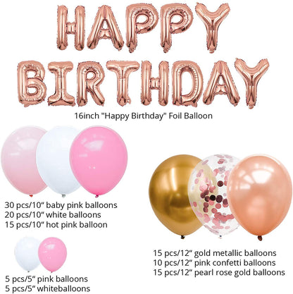 Tiokkss 144 Pcs Birthday Party Decorations/Balloon Arch kit with Rose Gold Balloons /Birthday Banner/6.6 Ft Metallic Foil Curtains/Hanging Swirl And Balloon Garland Kit Accessories for Party Decorations