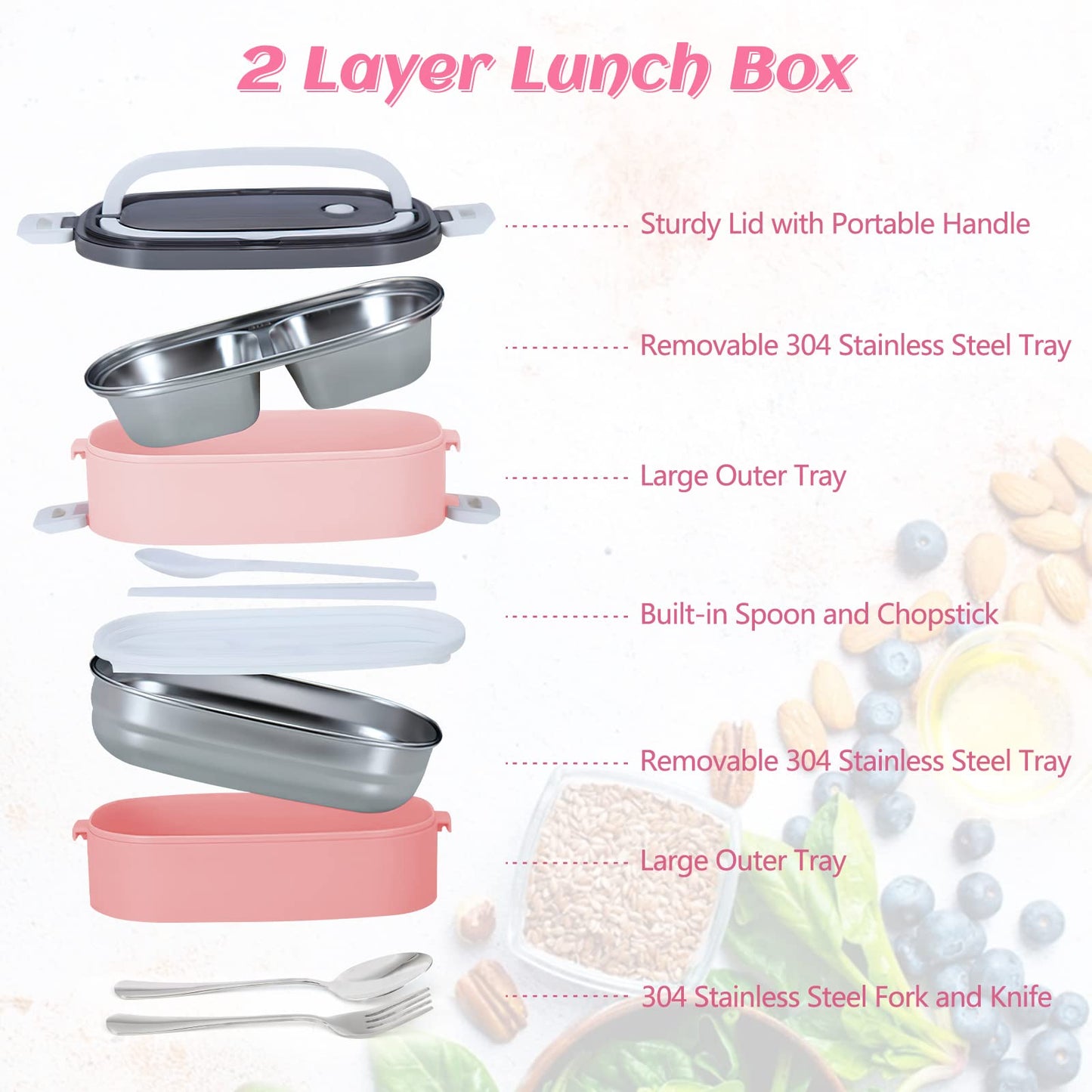 Tiokkss Lunch Box for Kids and Adults with Lunch Bag, 2 Tier Stainless Steel Bento Lunch Box with 3 Compartments and Cutlery (Spoon & Fork), Leakproof | BFA Free | Dishwasher Safe (Pink)
