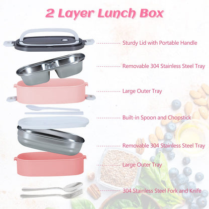 Tiokkss Lunch Box for Kids and Adults with Lunch Bag, 2 Tier Stainless Steel Bento Lunch Box with 3 Compartments and Cutlery (Spoon & Fork), Leakproof | BFA Free | Dishwasher Safe (Pink)