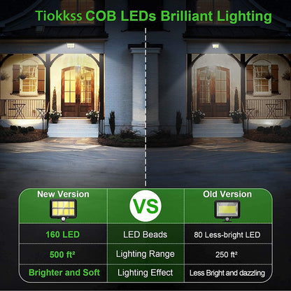 Tiokkss Solar Light Outdoor, 160 COB LED Wired Motion Sensor Security Flood Light with 16.4Ft Cable, Adjustable 3 Modes, IP65 Waterproof Wall Lights for Garage Garden Yard(1 Pack)