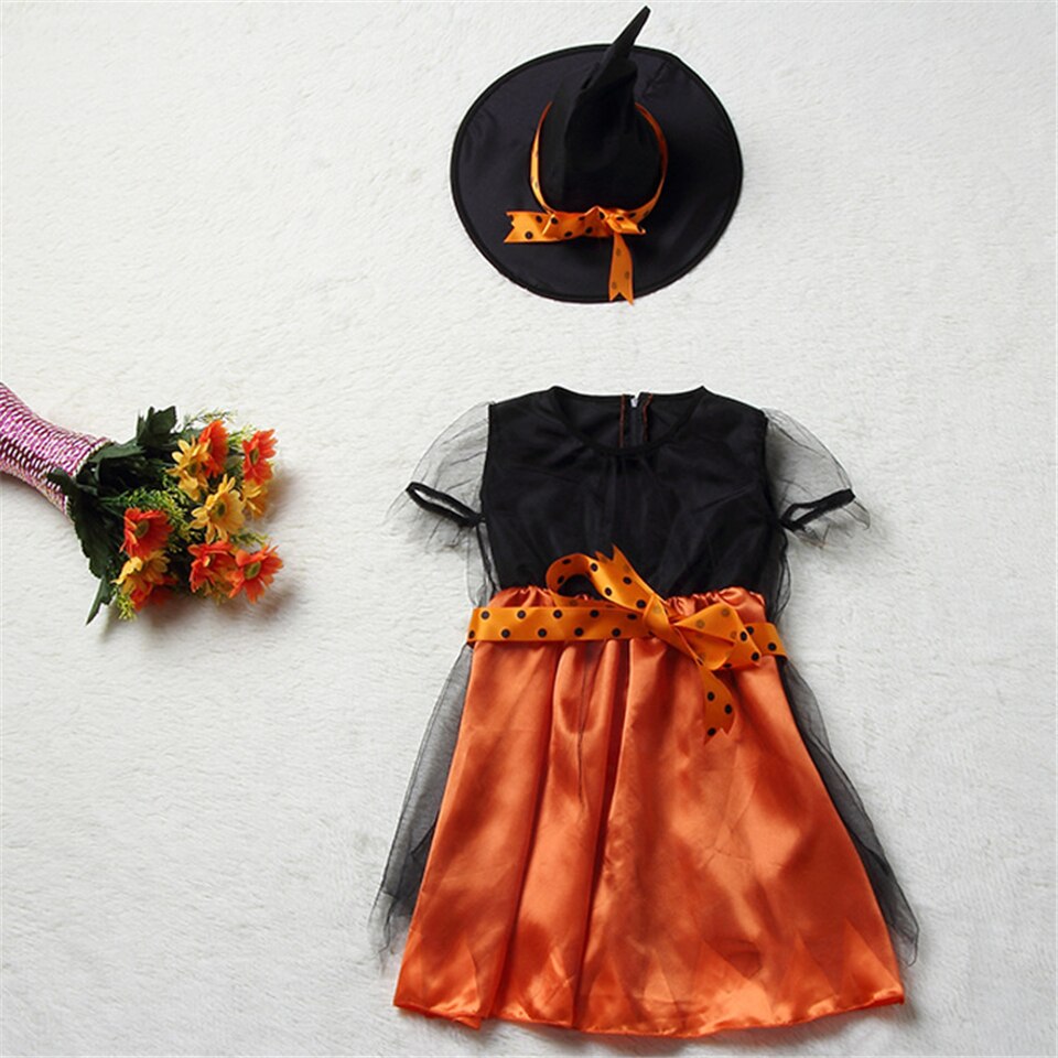 Halloween Costume for Kids Children Girls Halloween Cosplay Witch Costume Teens Baby Girl Gown Witch Dress Clothing Set Hat Pumpkin Bag Pantyhose