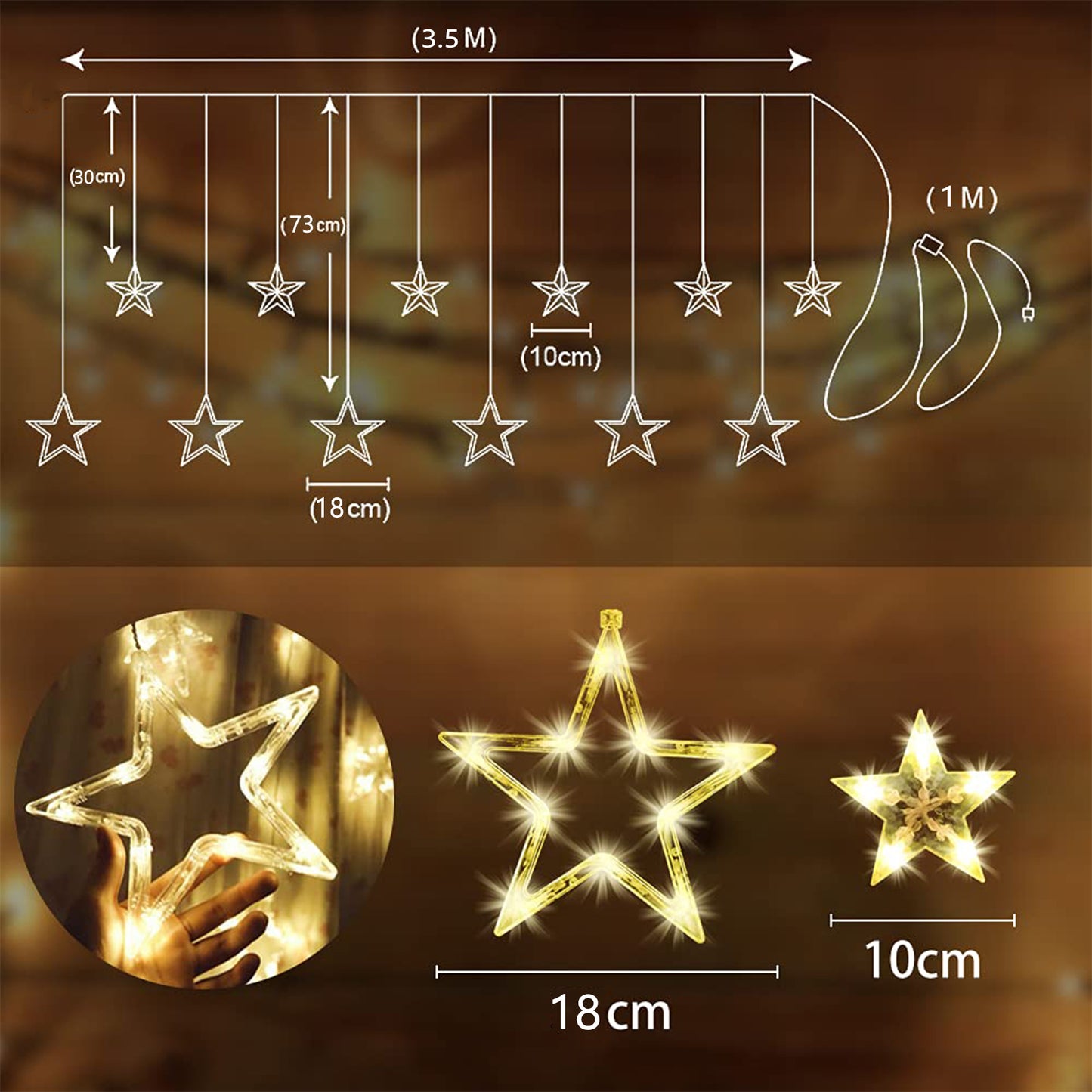 12 Stars 138 LED Star Lights, Curtain String Lights for Bedroom with 8 Lighting Modes,Waterproof Window Lights Diwali Ramadan Decorations, Wedding, Garden Christmas Decorations Lights - Warm White
