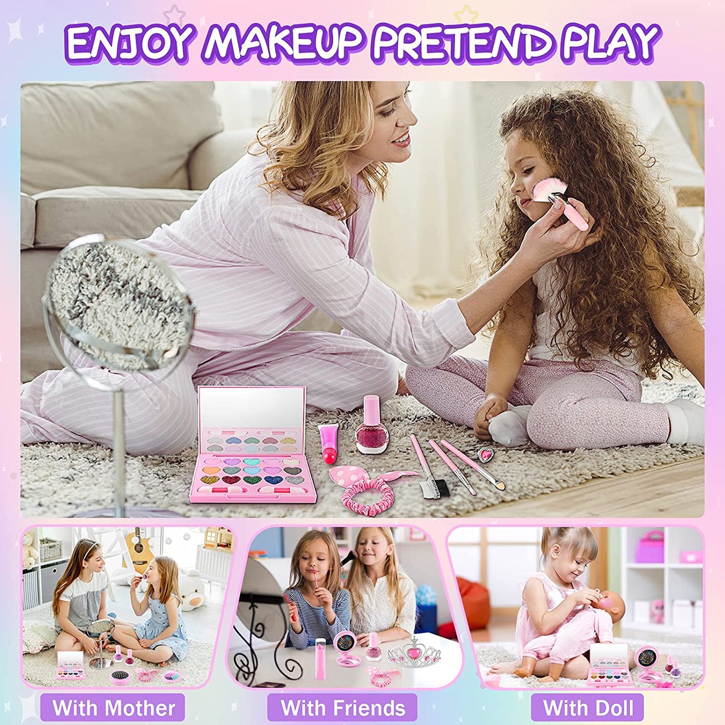Tiokkss 21 Pcs Kids Makeup Kit for Girls, Princess Dress up Makeup Set with Cute Cosmetic Makeup Bag, Pretend Play Makeup Beauty Toys for Little Girls Birthday Gifts