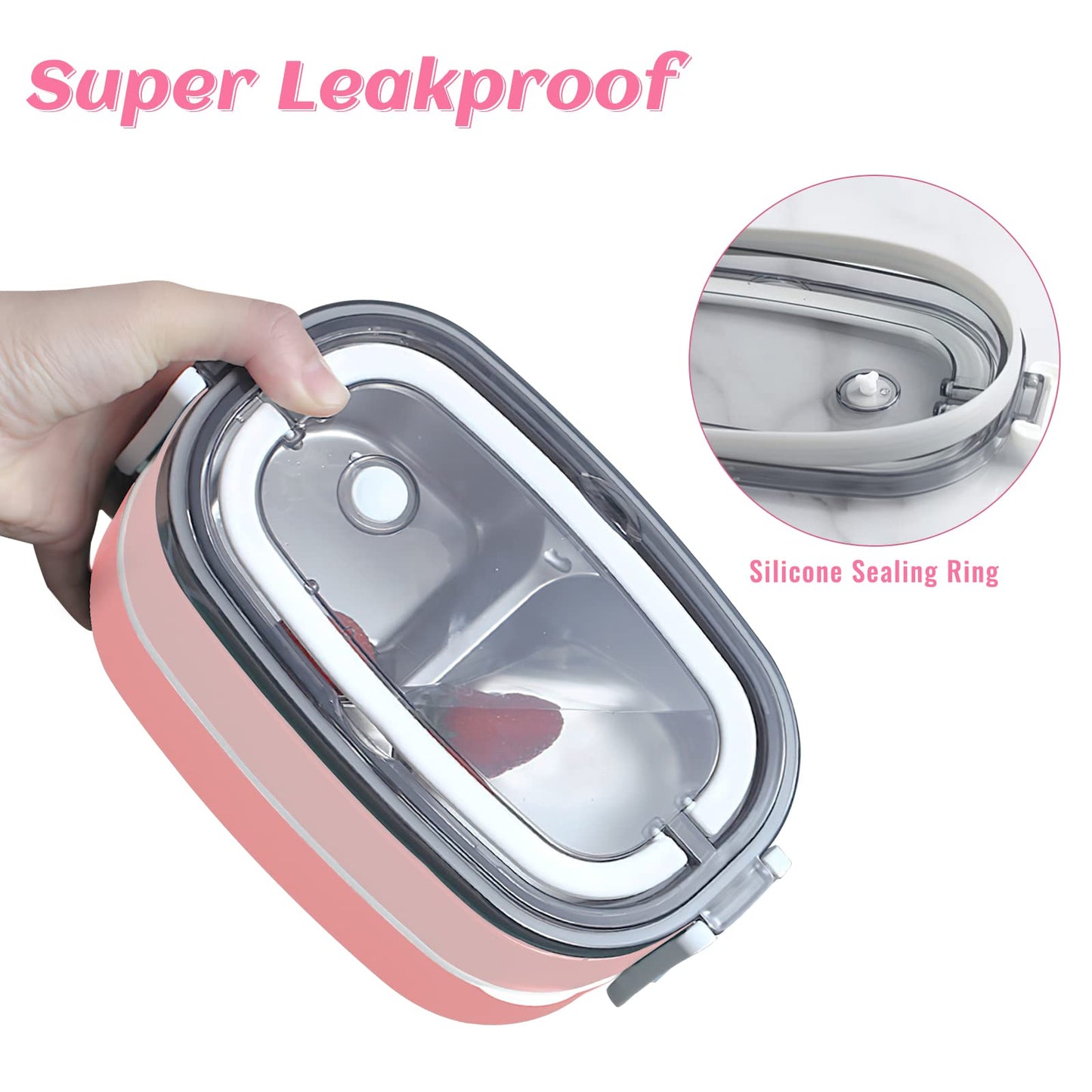 Tiokkss Lunch Box for Kids and Adults with Lunch Bag, 2 Tier Stainless Steel Bento Lunch Box with 3 Compartments and Cutlery (Spoon & Fork), Leakproof | BFA Free | Dishwasher Safe (Pink)