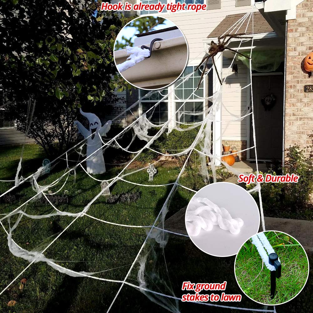 Tiokkss Halloween Decorations Outdoor, 7M Large Halloween Spider Web Decor 150cm Giant Spider 20pcs Little Spider, Fake Scary Hairy Spider Props for Outside Halloween Yard Party Haunted House Decor