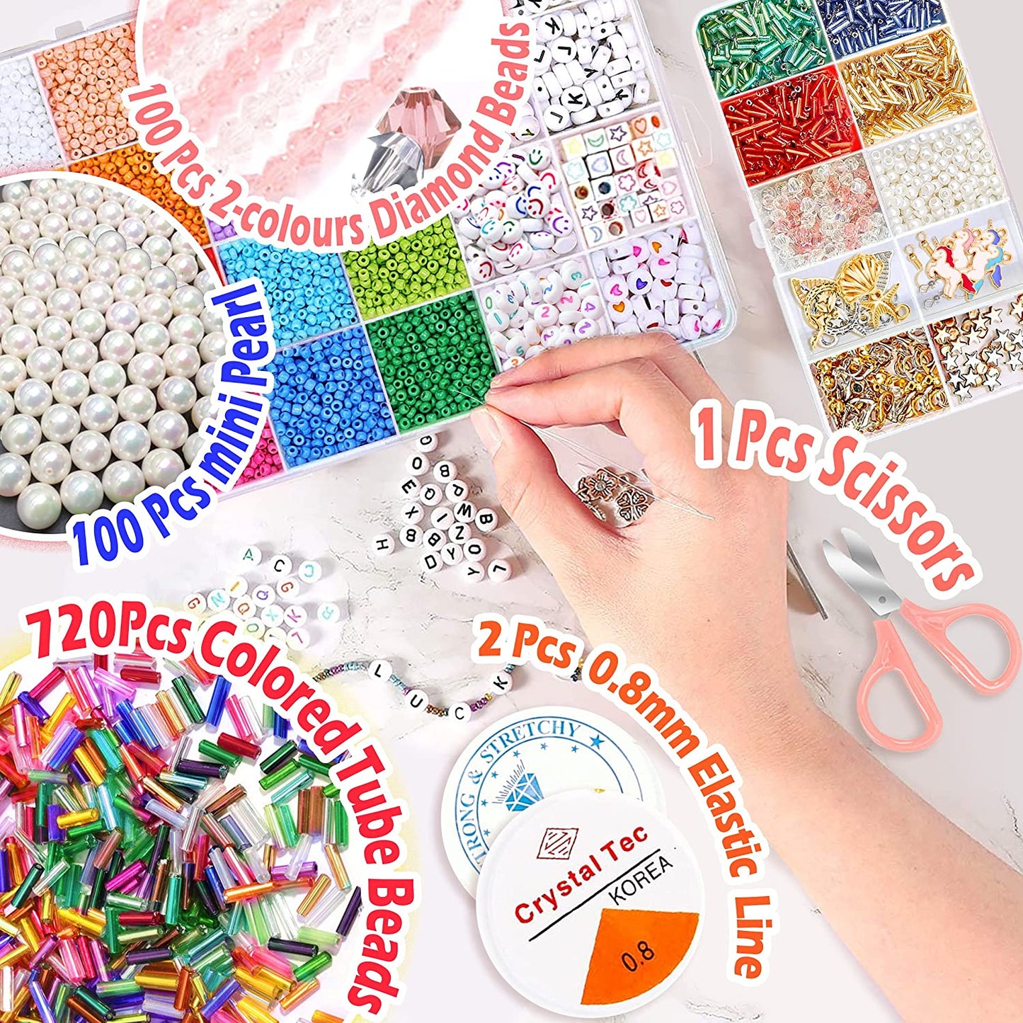 Tiokkss Beads for Jewellery Making, 4mm Seed Beads Set for Bracelet Making, DIY Bracelets Necklace Ring Making Kits Decorations, Charms Pendants DIY Art Craft Kit for Girls