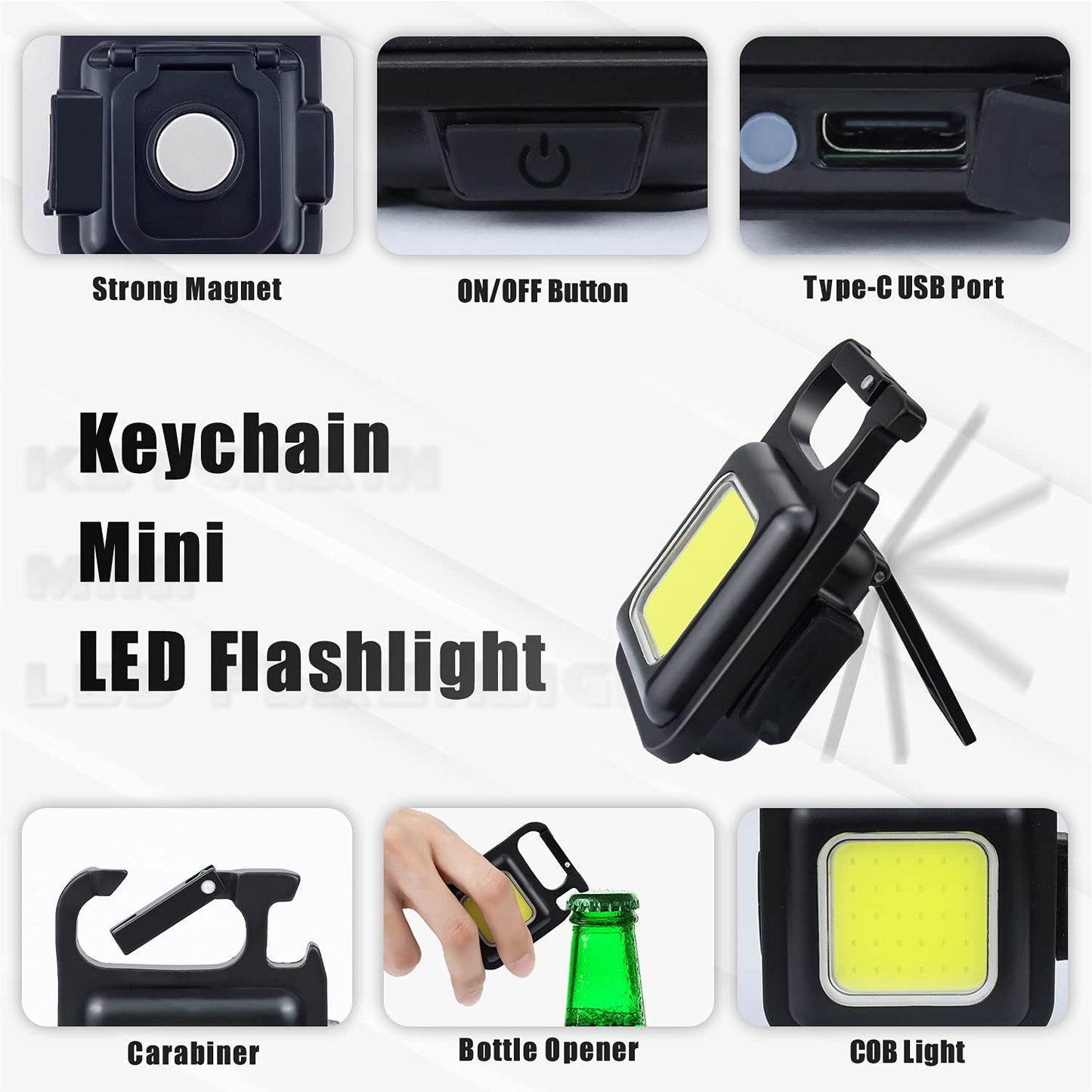 Tiokkss COB Small Flashlights Rechargeable 1000 Lumens Keychain Mini Flashlight 4 Light Modes Portable Pocket Light with Folding Bracket Bottle Opener and Magnet Base for Camping Fishing