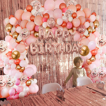 Tiokkss 144 Pcs Birthday Party Decorations/Balloon Arch kit with Rose Gold Balloons /Birthday Banner/6.6 Ft Metallic Foil Curtains/Hanging Swirl And Balloon Garland Kit Accessories for Party Decorations