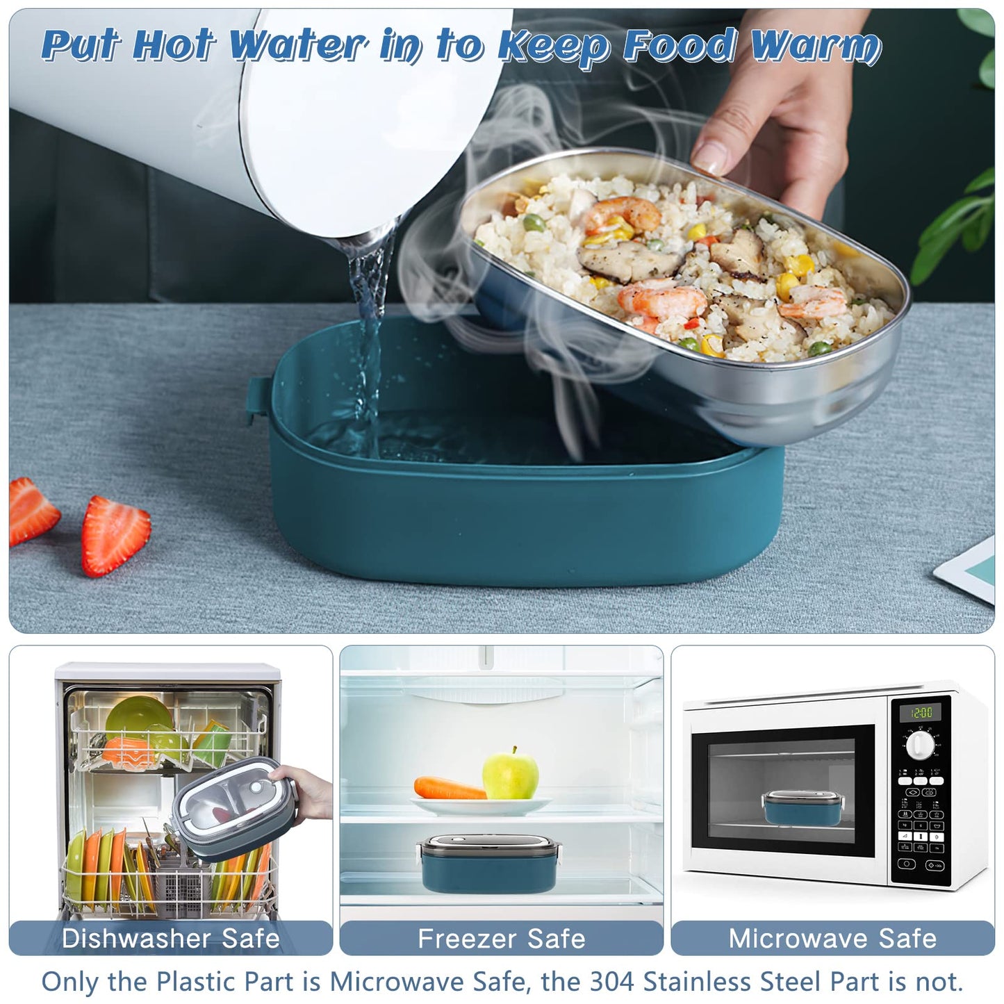 Tiokkss Lunch Box for Kids and Adults with Lunch Bag, 2 Tier Stainless Steel Bento Lunch Box with 3 Compartments and Cutlery (Spoon & Fork), Leakproof | BFA Free | Dishwasher Safe (Blue)