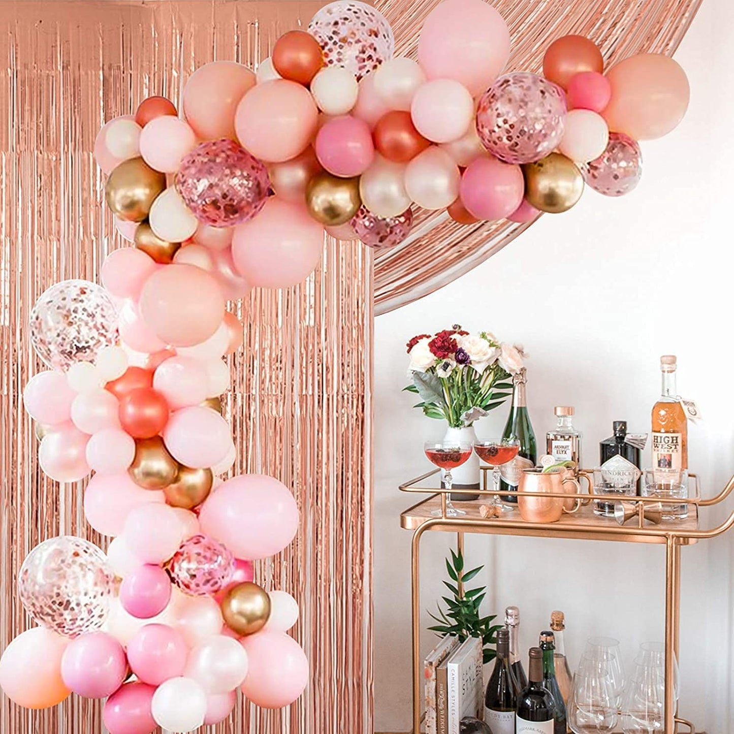 Tiokkss 144 Pcs Birthday Party Decorations/Balloon Arch kit with Rose Gold Balloons /Birthday Banner/6.6 Ft Metallic Foil Curtains/Hanging Swirl And Balloon Garland Kit Accessories for Party Decorations