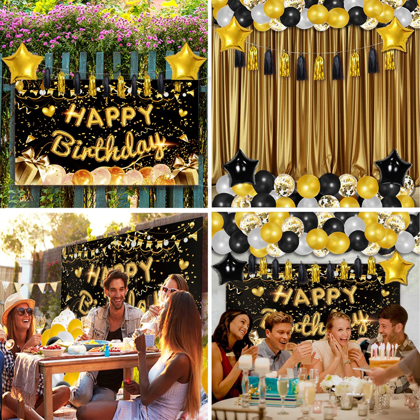 Tiokkss Happy Birthday Party Decorations Set, 100 Pcs Black and Gold Birthday Photography Backdrop Banner Package for Boys Girls Men Women Balloons Birthday Party Set (Black Gold)