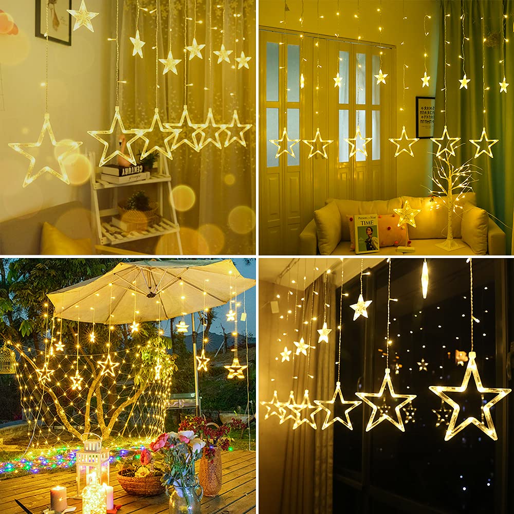 12 Stars 138 LED Star Lights, Curtain String Lights for Bedroom with 8 Lighting Modes,Waterproof Window Lights Diwali Ramadan Decorations, Wedding, Garden Christmas Decorations Lights - Warm White