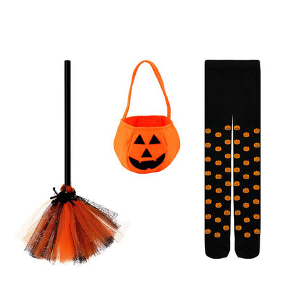 Halloween Costume for Kids Children Girls Halloween Cosplay Witch Costume Teens Baby Girl Gown Witch Dress Clothing Set Hat Pumpkin Bag Pantyhose