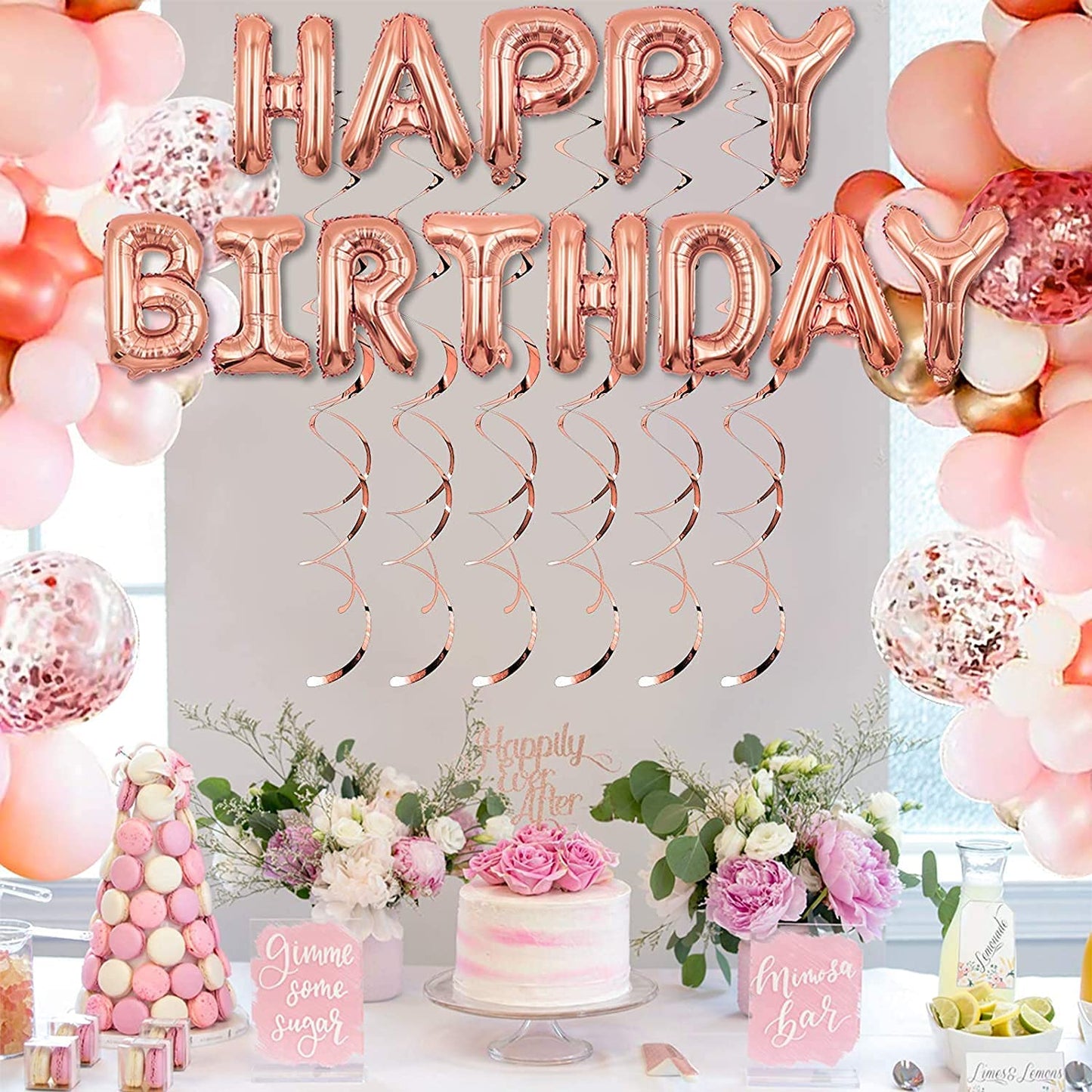Tiokkss 144 Pcs Birthday Party Decorations/Balloon Arch kit with Rose Gold Balloons /Birthday Banner/6.6 Ft Metallic Foil Curtains/Hanging Swirl And Balloon Garland Kit Accessories for Party Decorations