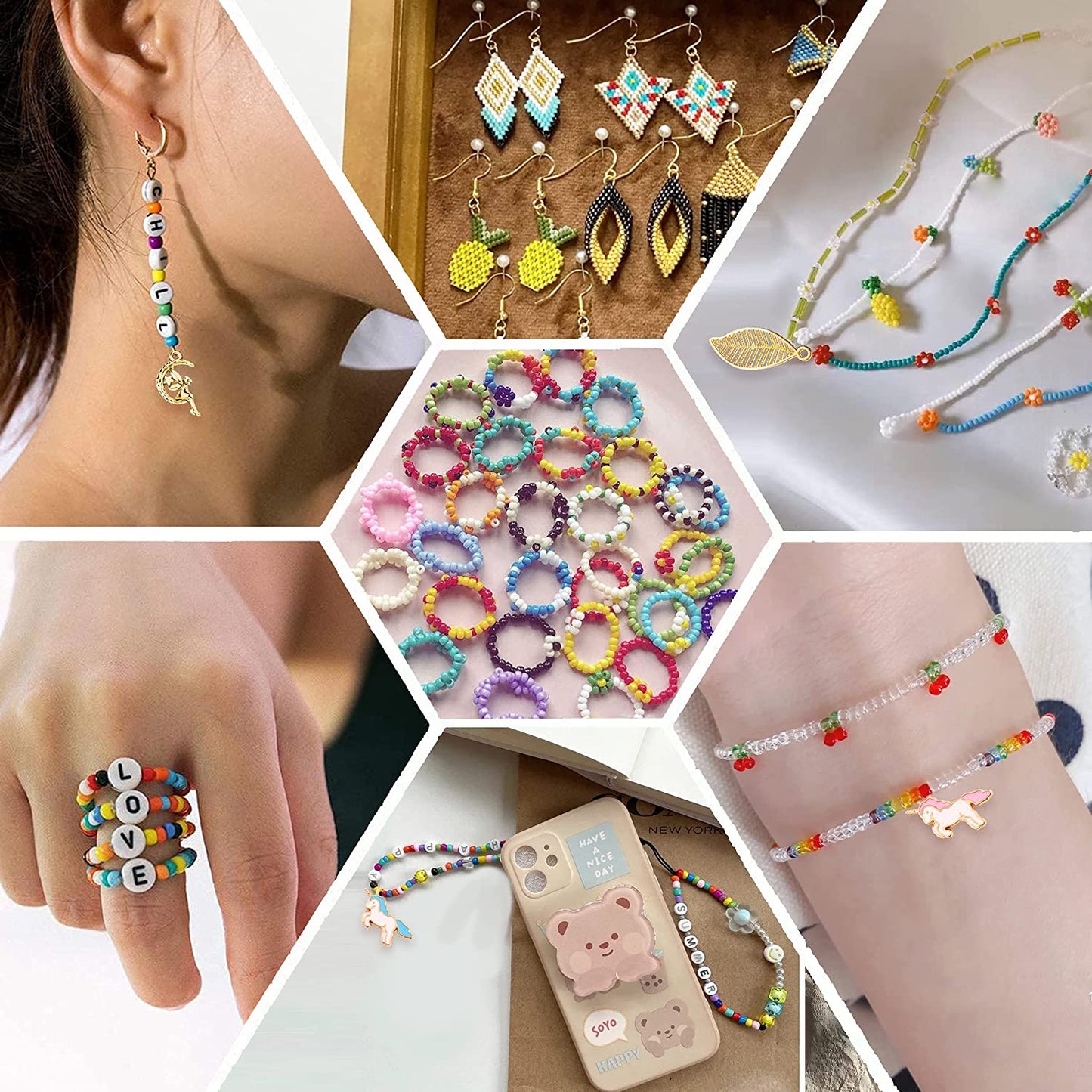 Tiokkss Beads for Jewellery Making, 4mm Seed Beads Set for Bracelet Making, DIY Bracelets Necklace Ring Making Kits Decorations, Charms Pendants DIY Art Craft Kit for Girls