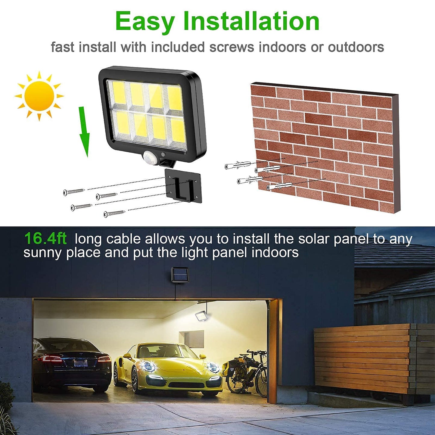 Tiokkss Solar Light Outdoor, 160 COB LED Wired Motion Sensor Security Flood Light with 16.4Ft Cable, Adjustable 3 Modes, IP65 Waterproof Wall Lights for Garage Garden Yard(1 Pack)