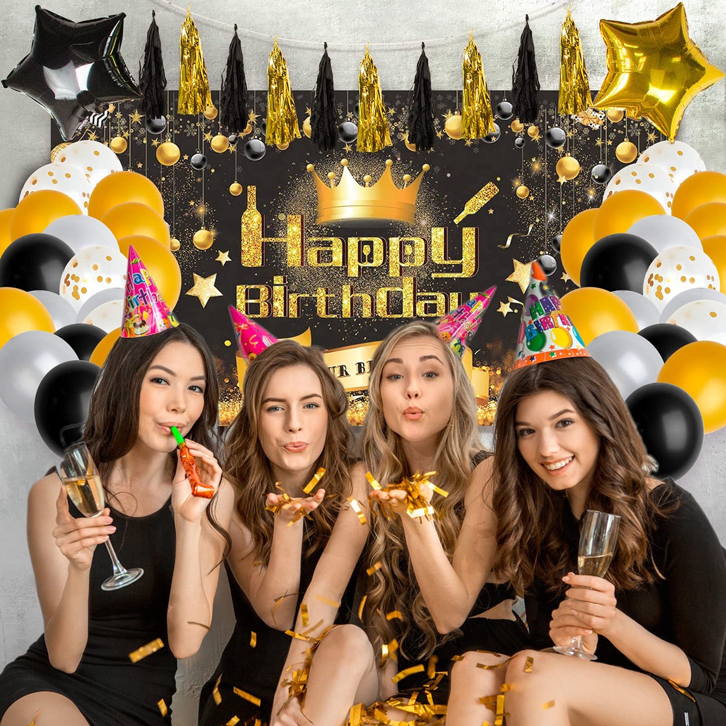 Tiokkss Happy Birthday Party Decorations Set, 100 Pcs Black and Gold Birthday Photography Backdrop Banner Package for Boys Girls Men Women Balloons Birthday Party Set (Black Gold)