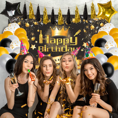 Tiokkss Happy Birthday Party Decorations Set, 100 Pcs Black and Gold Birthday Photography Backdrop Banner Package for Boys Girls Men Women Balloons Birthday Party Set (Black Gold)