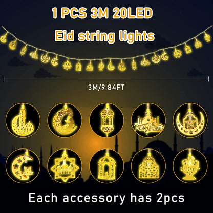 Mtanvxay Ramadan Decorations for Home 3M 20 LED Ramadan Lights, Ramadan Lanterns Lights Battery Box Powered 2 Modes, Golden LED Ramadan Home Decoration Lights Party Accessories