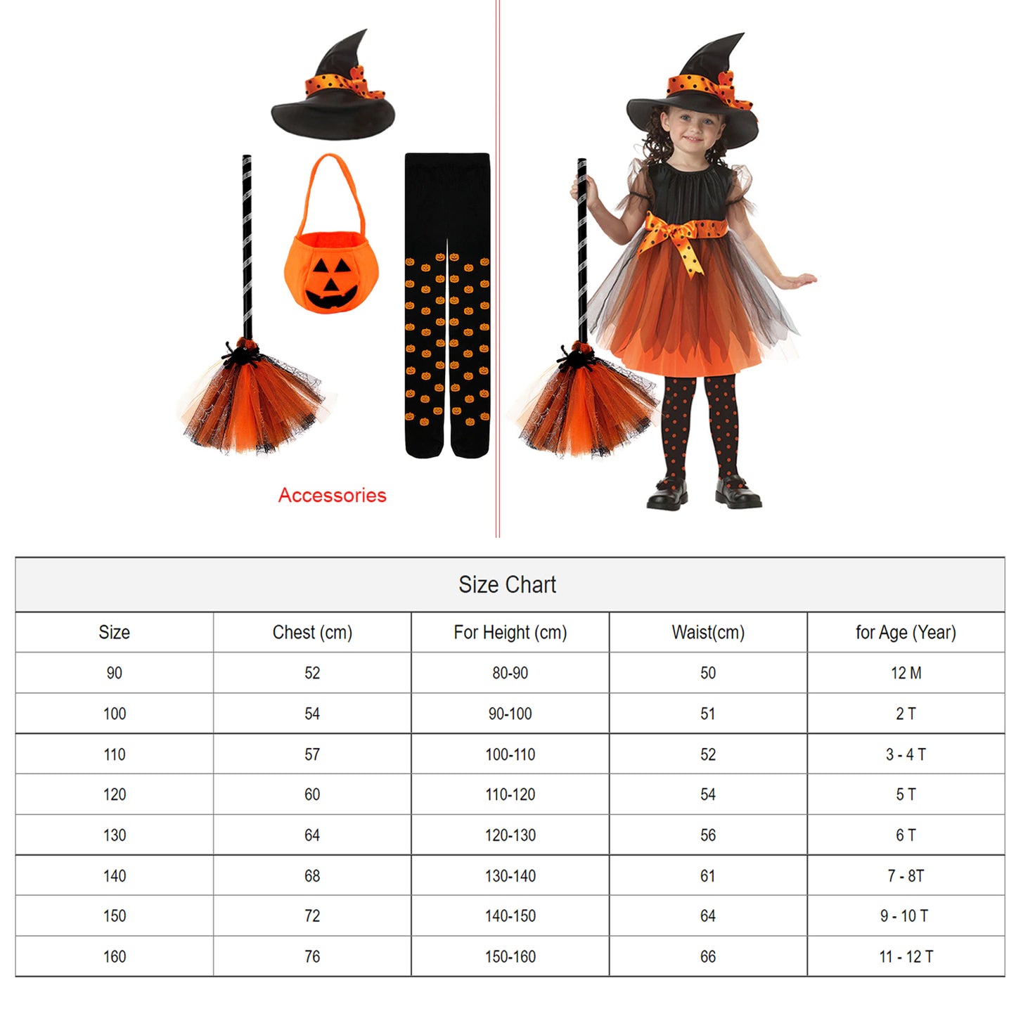 Halloween Costume for Kids Children Girls Halloween Cosplay Witch Costume Teens Baby Girl Gown Witch Dress Clothing Set Hat Pumpkin Bag Pantyhose