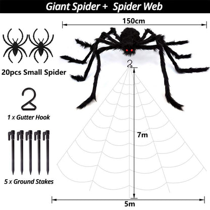 Tiokkss Halloween Decorations Outdoor, 7M Large Halloween Spider Web Decor 150cm Giant Spider 20pcs Little Spider, Fake Scary Hairy Spider Props for Outside Halloween Yard Party Haunted House Decor