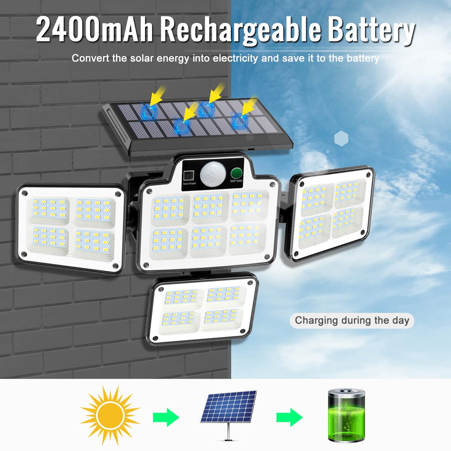 Solar Light Outdoor with Motion Sensor, Tiokkss Security Lights with Remote Control 4 Rotatable Heads 228 LEDs 7000K IP65 Waterproof Flood Lights for Garage Yard Garden (1Pack)