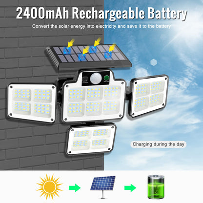 Solar Light Outdoor with Motion Sensor, Tiokkss Security Lights with Remote Control 4 Rotatable Heads 228 LEDs 7000K IP65 Waterproof Flood Lights for Garage Yard Garden (1Pack)